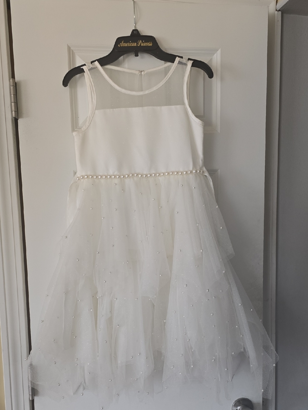Girls' White Pearl-Trim Tulle Dress- Size 10